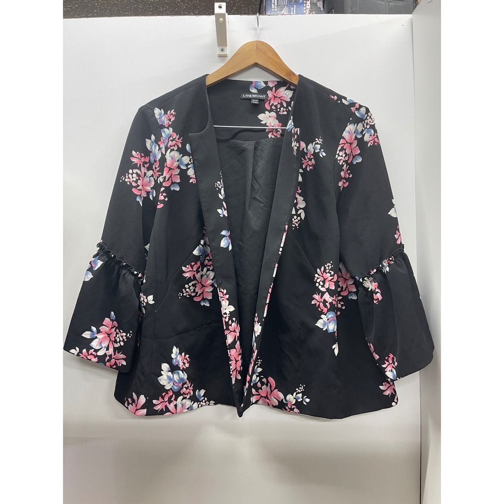 Lane Bryant Floral Open Front Blazer Black Pink Blue Bell Sleeve Jacket 18/20